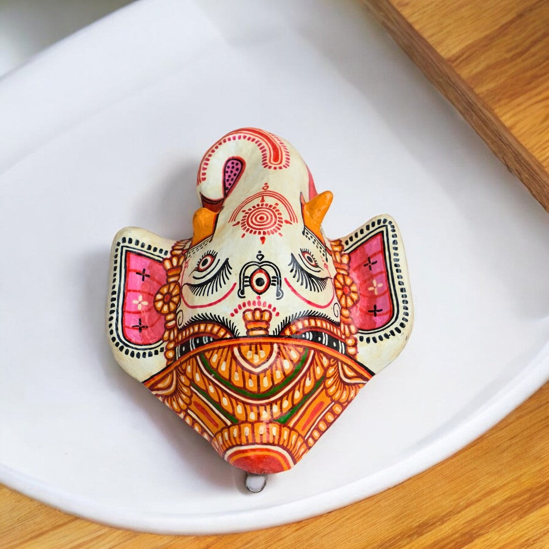White Lord Ganesha Pattachitra Mask – Handmade Paper Mache Wall Hanging, 6 Inch