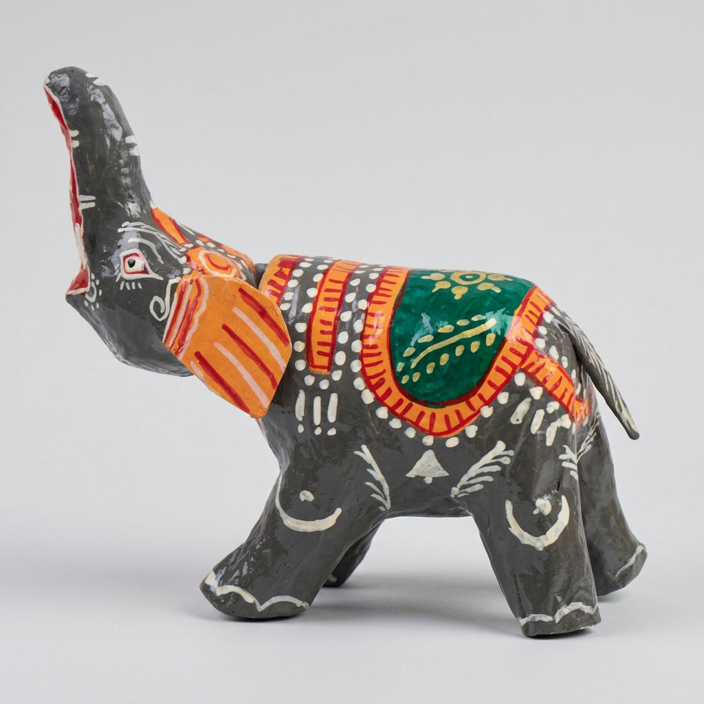 Grey Bobblehead Elephant Pattachitra Showpiece – Handmade Paper Mache, 8 Inch