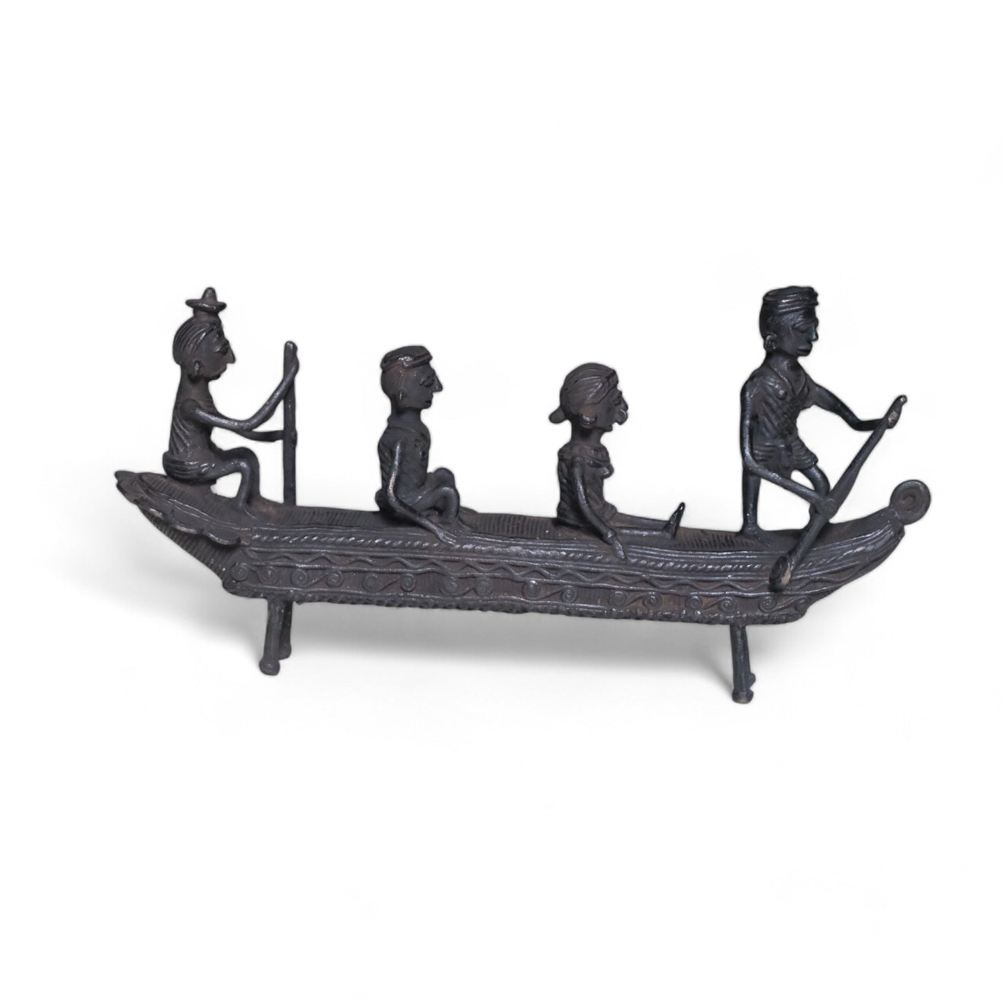 Exquisite Black Dhokra Craft "People Rowing Boat" Antique Showpiece