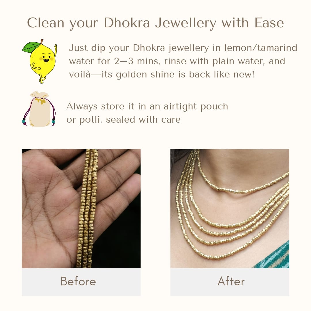 Instructions for cleaning Dhokra jewelry with lemon or tamarind water, showing before and after effects.