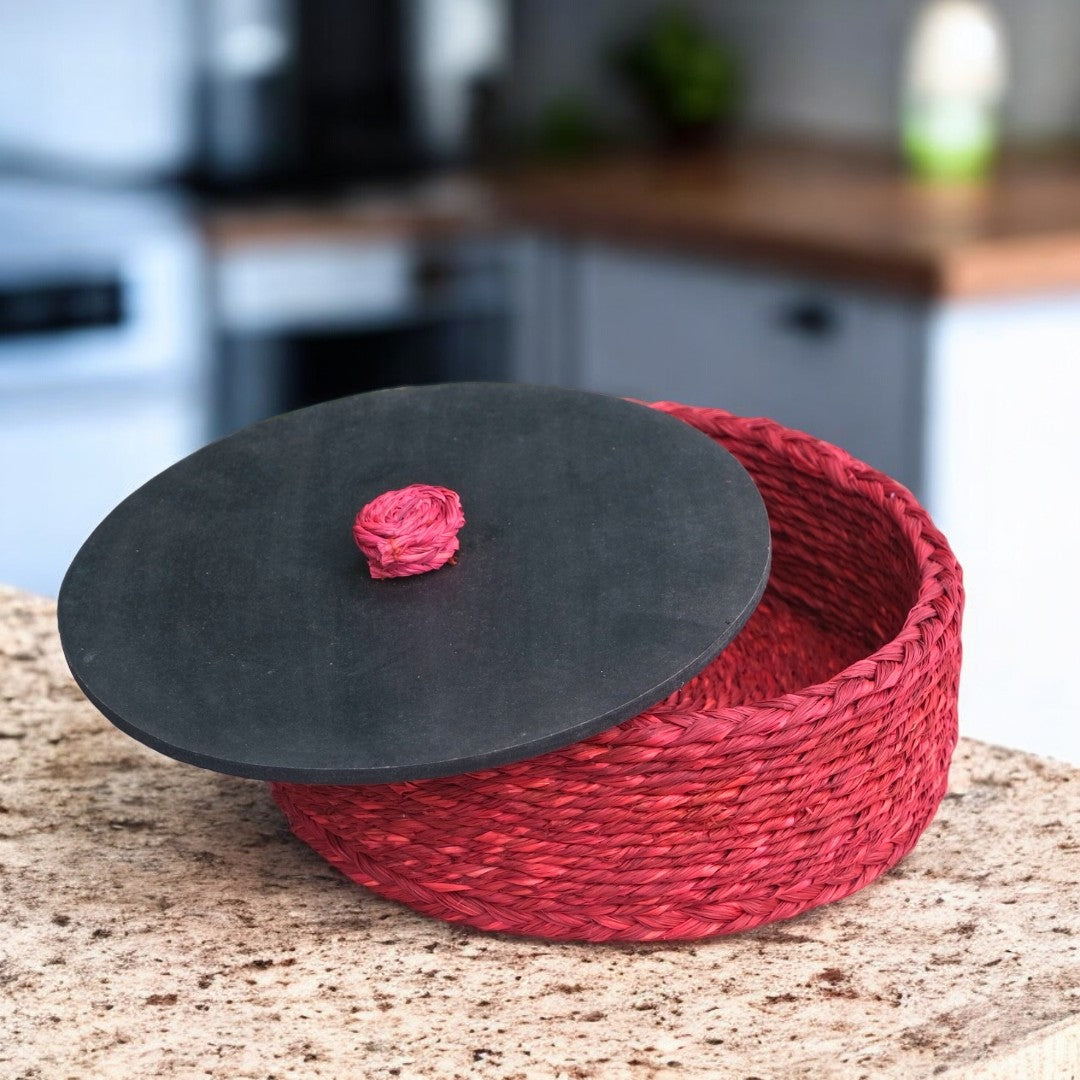 Handcrafted Sabai Grass Red Roti Case with Lid