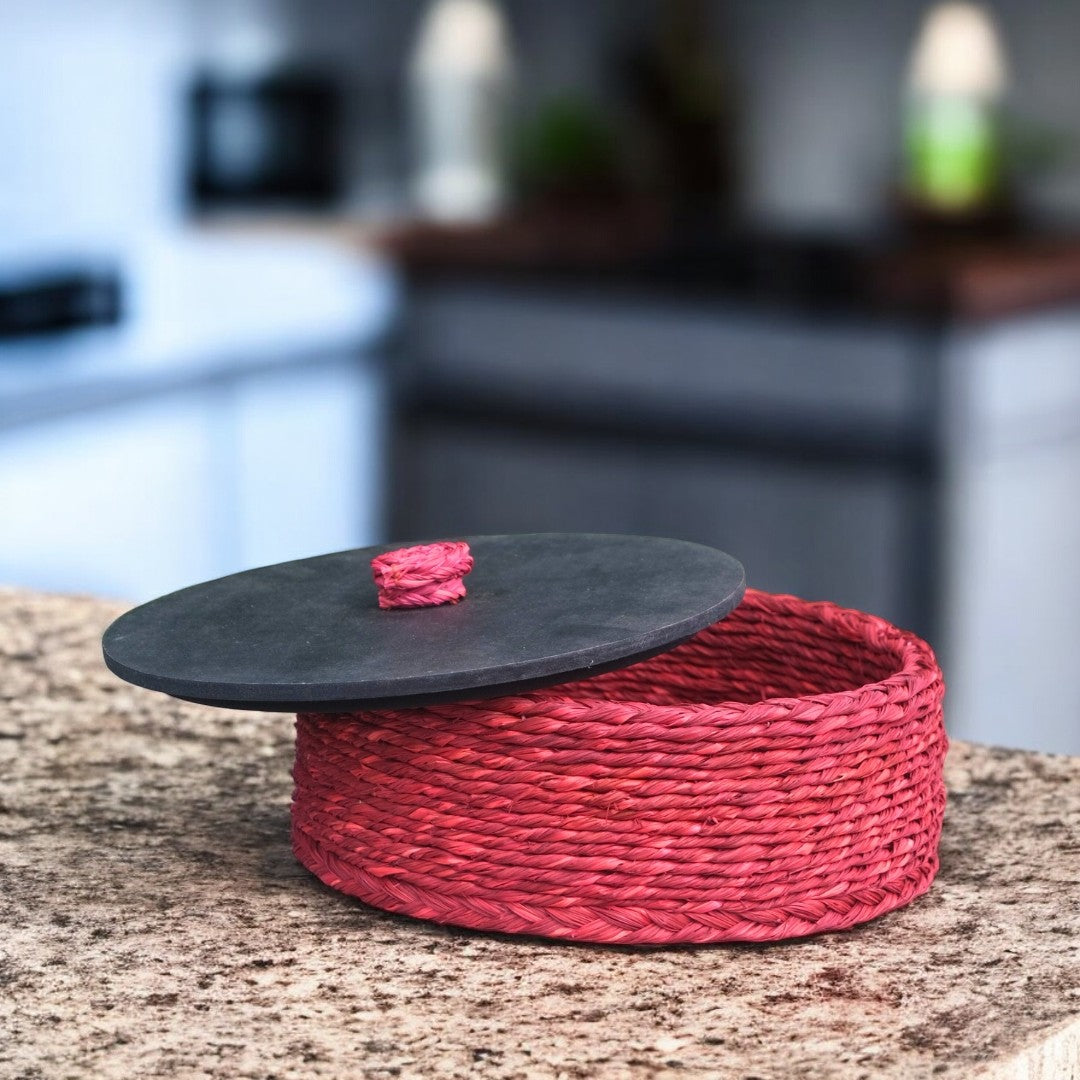 Handcrafted Sabai Grass Red Roti Case with Lid