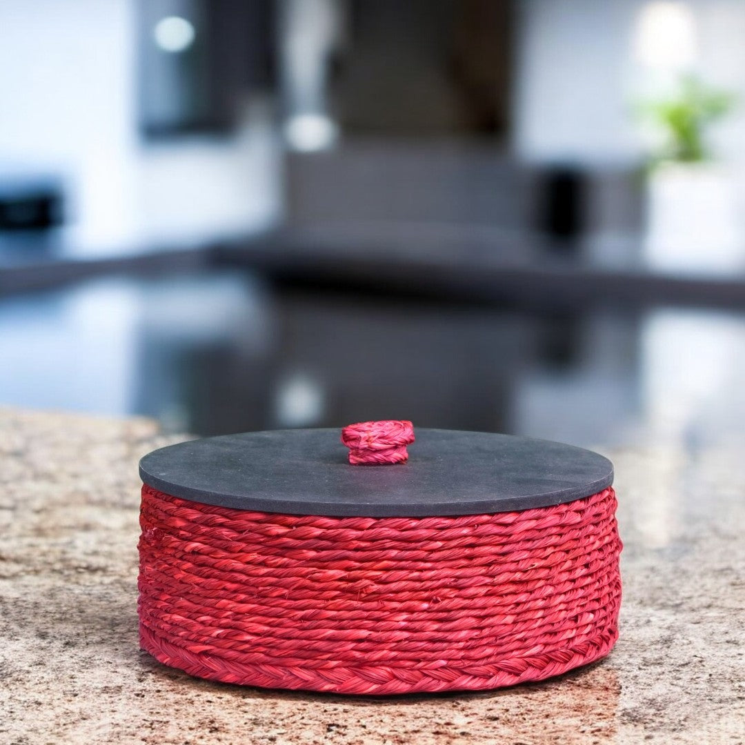 Handcrafted Sabai Grass Red Roti Case with Lid