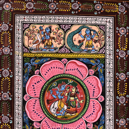 Pattachitra - Radha Krishna with scenes of krushna killing demons