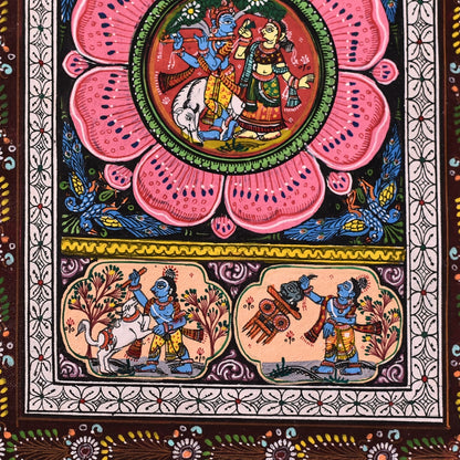 Pattachitra - Radha Krishna with scenes of krushna killing demons