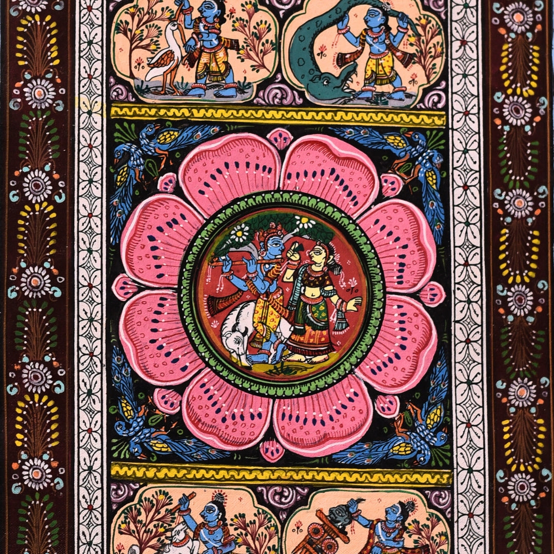 Pattachitra - Radha Krishna with scenes of krushna killing demons