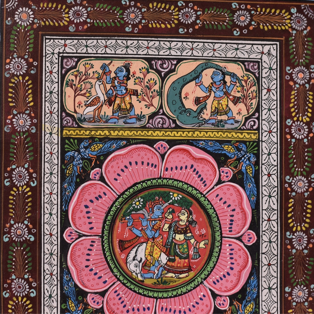 Pattachitra - Radha Krishna with scenes of krushna killing demons