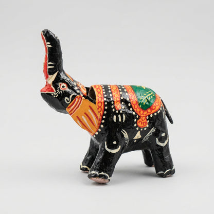 Handmade black bobblehead elephant showpiece in paper mache, hand-painted in Pattachitra style. 8-inch Odisha folk art for home decor and gifting.