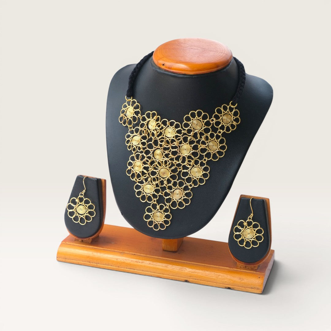 Dhokra Craft Handmade Manjari Necklace Set with Earrings - Authentic Tribal Brass Jewellery India