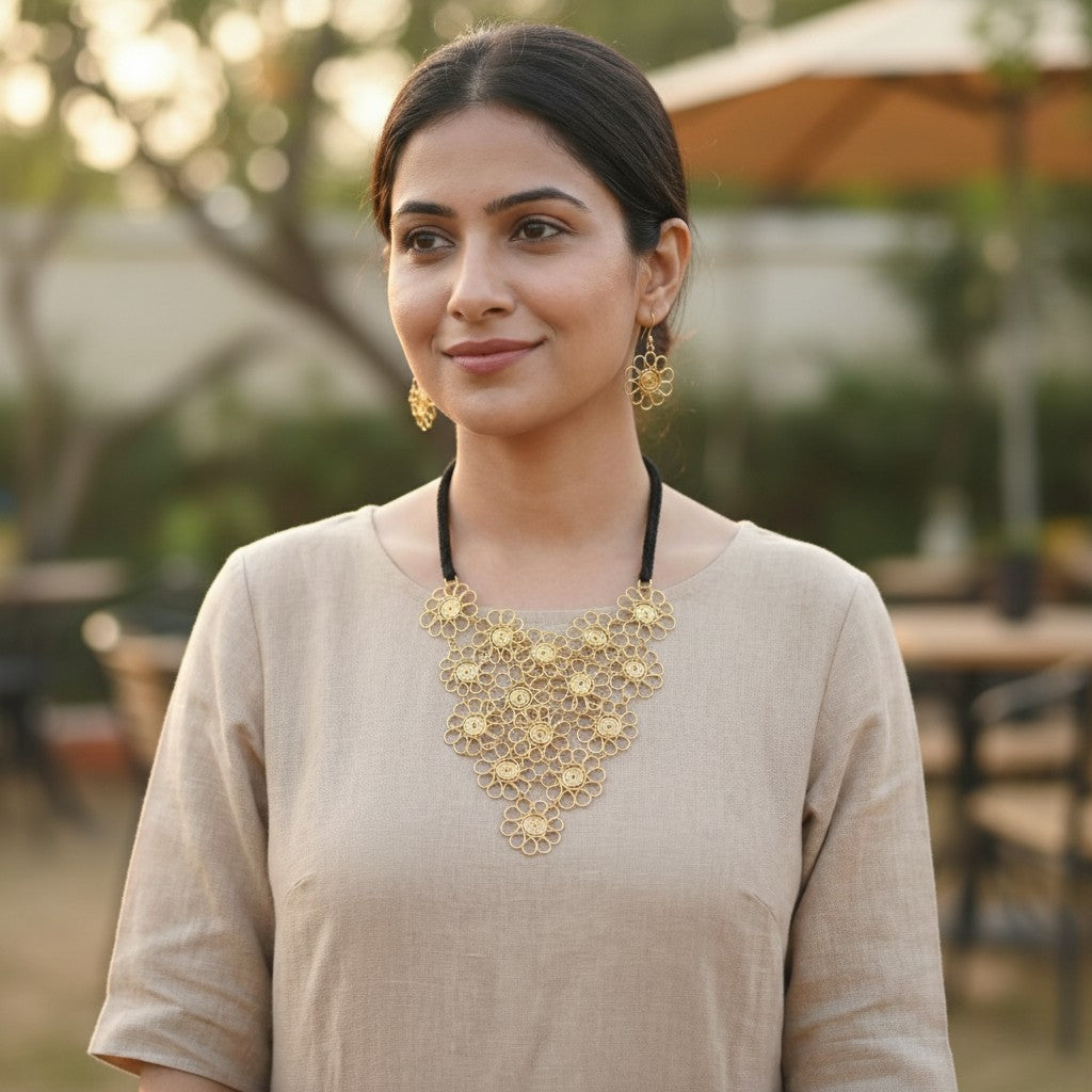 Dhokra Craft Handmade Manjari Necklace Set with Earrings - Authentic Tribal Brass Jewellery India