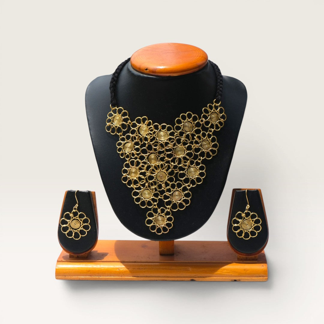 Dhokra Craft Handmade Manjari Necklace Set with Earrings - Authentic Tribal Brass Jewellery India