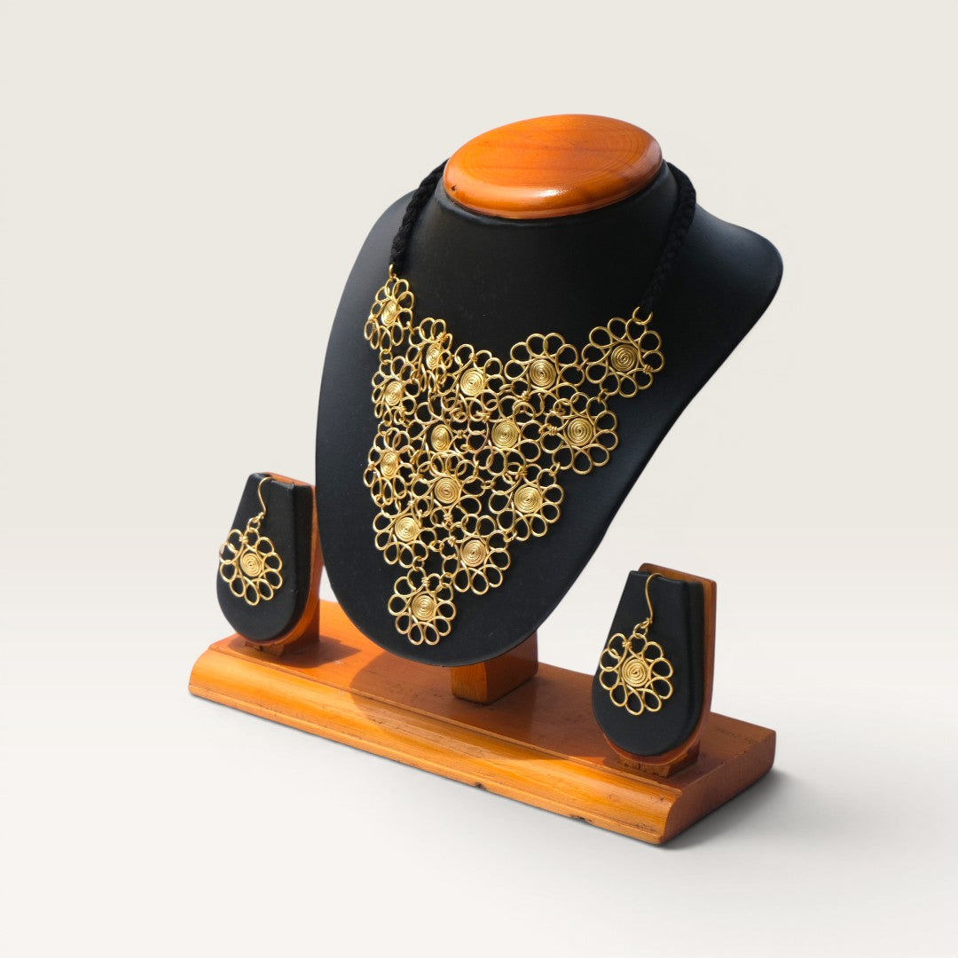 Dhokra Craft Handmade Manjari Necklace Set with Earrings - Authentic Tribal Brass Jewellery India