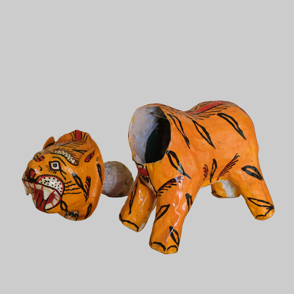 Orange Bobblehead Tiger Pattachitra Showpiece – Handmade Paper Mache, 7 Inch