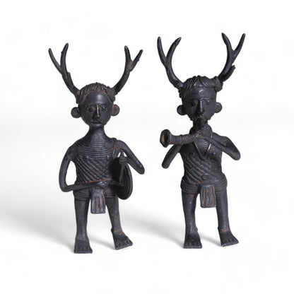 Exquisite Black Dhokra Craft "Representing Kandha Tribal Musician" Home decor (Set of 2)