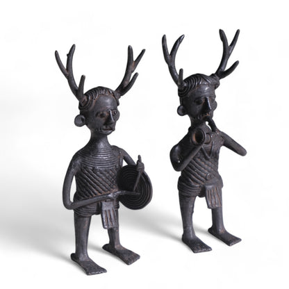 Exquisite Black Dhokra Craft "Representing Kandha Tribal Musician" Home decor (Set of 2)