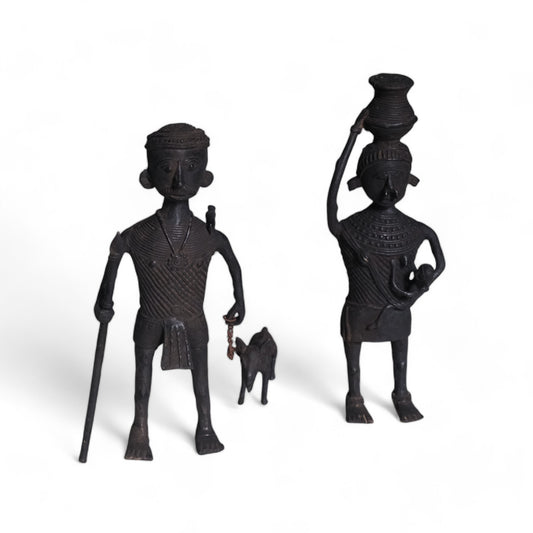 Exquisite Black Dhokra Craft "Representing Kandha Tribal Family with Dog" Home Decor