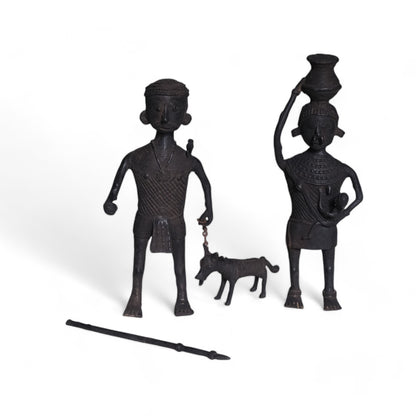 Exquisite Black Dhokra Craft "Representing Kandha Tribal Family with Dog" Home Decor