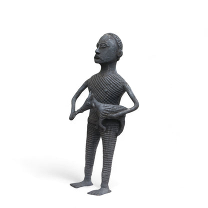 Black Dhokra Craft - Tribal Man Holding an Animal