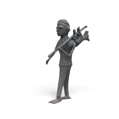 Black Dhokra Craft -Tribal Man Holding a Animal Tied to a Stick