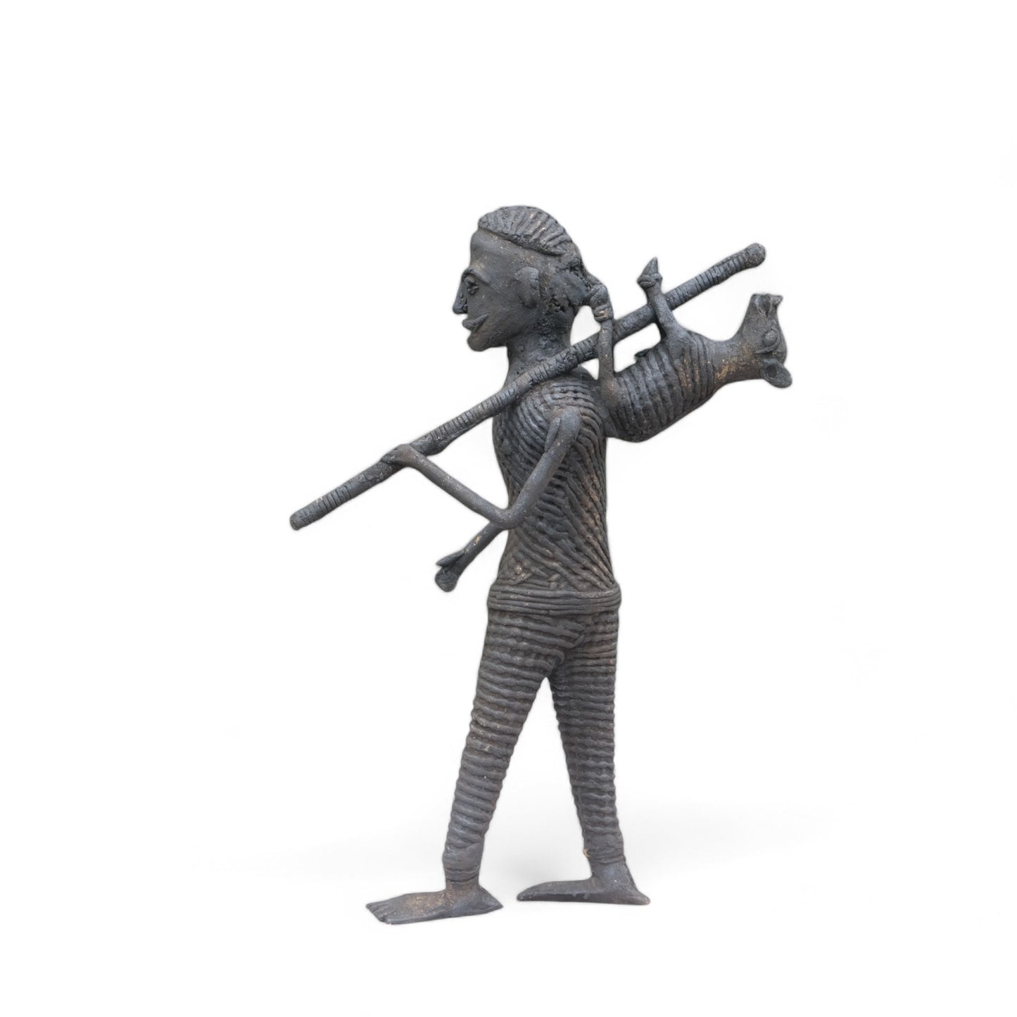 Black Dhokra Craft -Tribal Man Holding a Animal Tied to a Stick