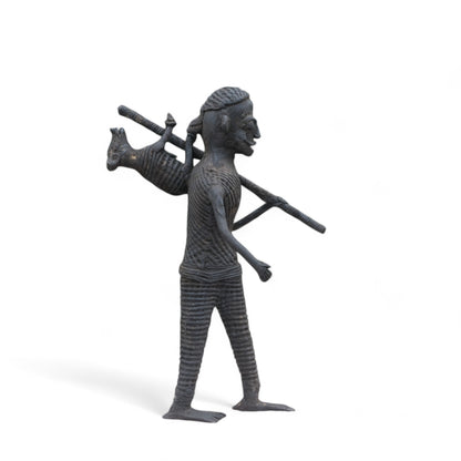 Black Dhokra Craft -Tribal Man Holding a Animal Tied to a Stick