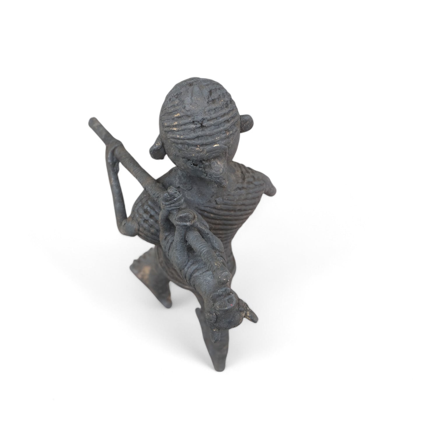 Black Dhokra Craft -Tribal Man Holding a Animal Tied to a Stick