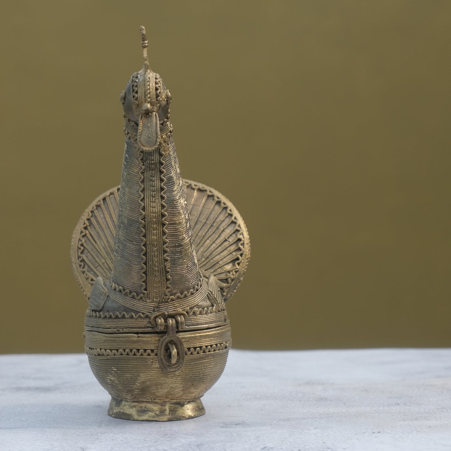 Nuagaon Dhokra Peacock Jewelry Box — Handcrafted Lost-Wax Brass Showpiece