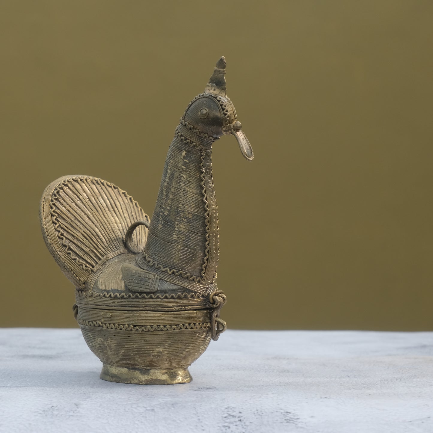 Nuagaon Dhokra Peacock Jewelry Box — Handcrafted Lost-Wax Brass Showpiece