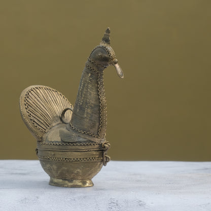Nuagaon Dhokra Peacock Jewelry Box — Handcrafted Lost-Wax Brass Showpiece