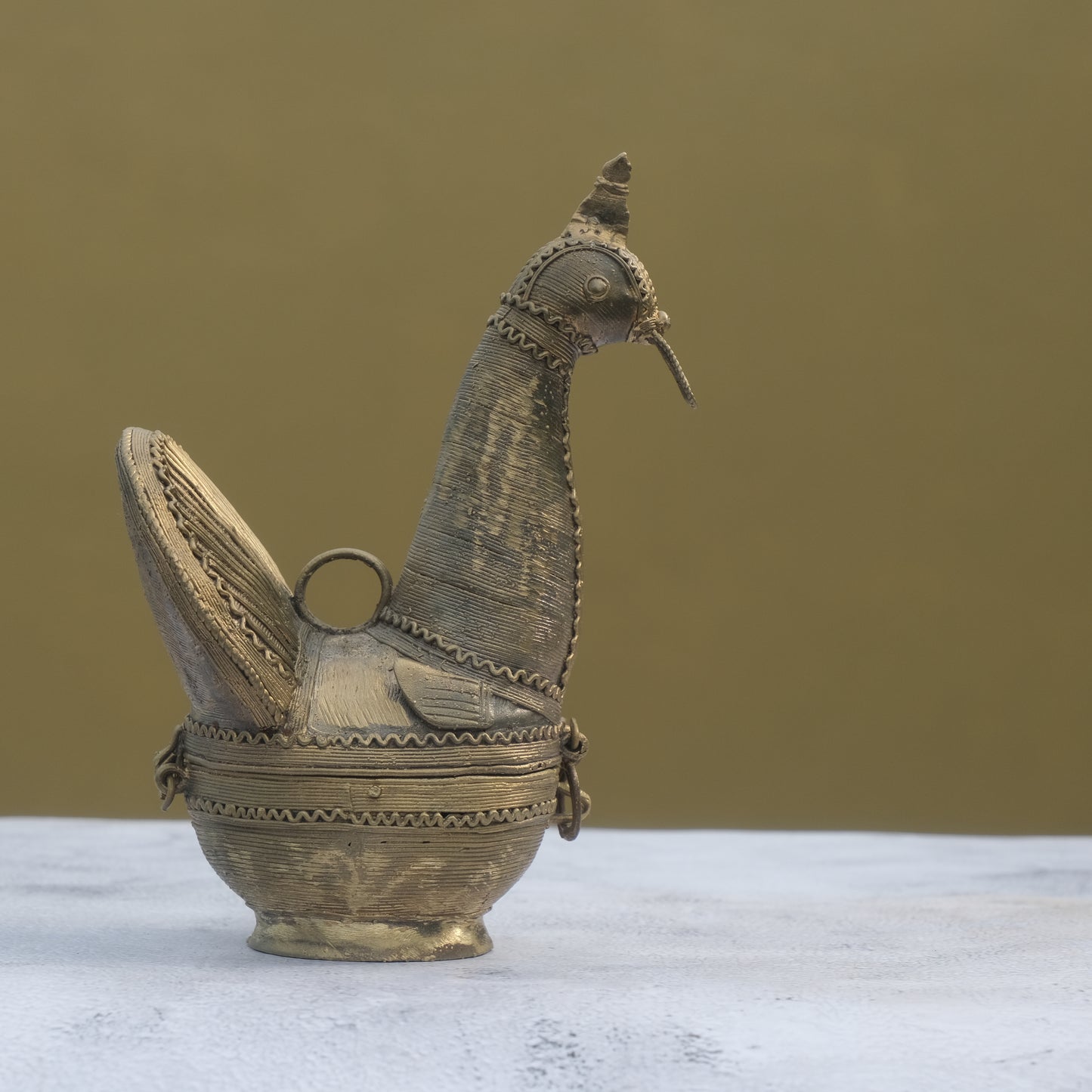 Nuagaon Dhokra Peacock Jewelry Box — Handcrafted Lost-Wax Brass Showpiece