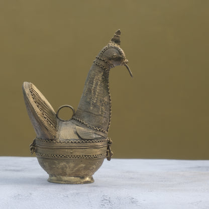 Nuagaon Dhokra Peacock Jewelry Box — Handcrafted Lost-Wax Brass Showpiece