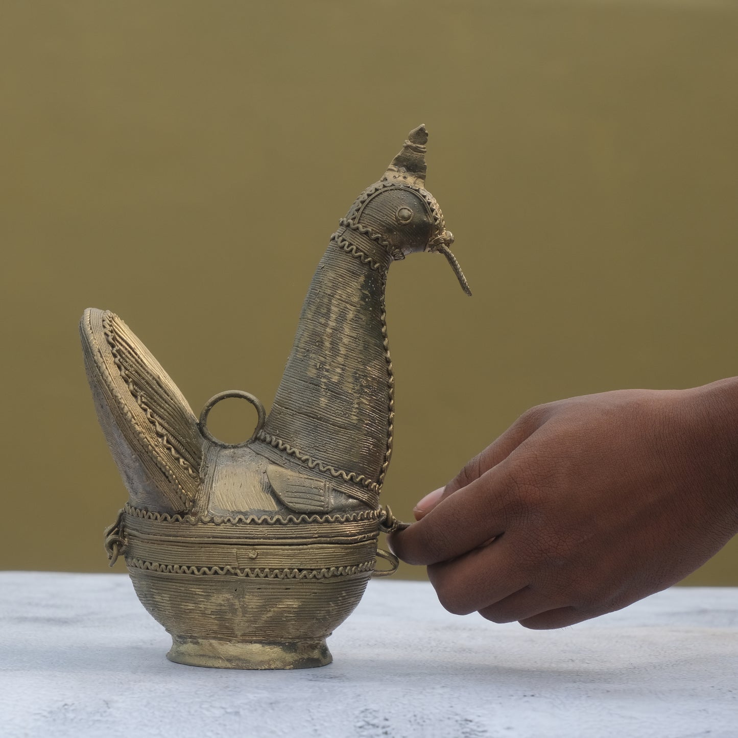 Nuagaon Dhokra Peacock Jewelry Box — Handcrafted Lost-Wax Brass Showpiece