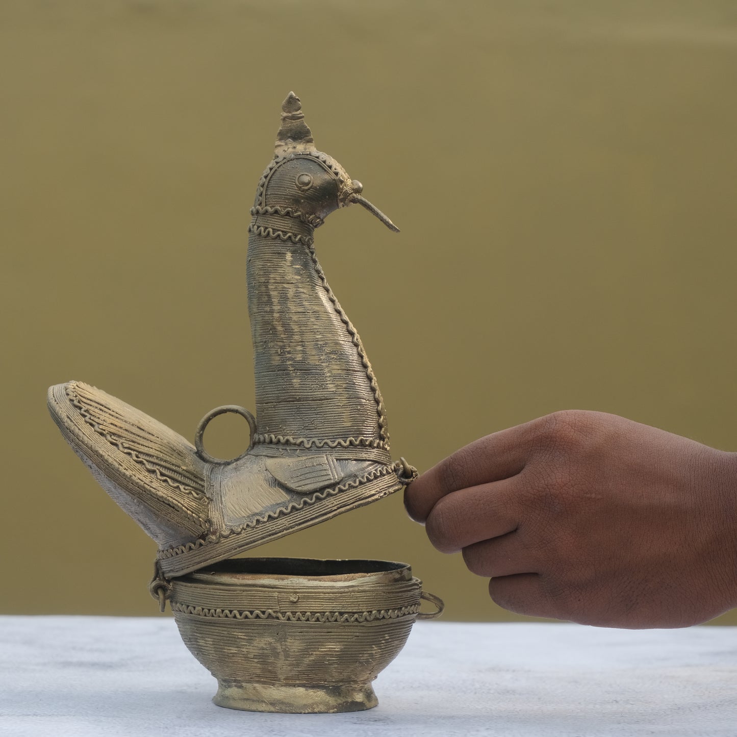 Nuagaon Dhokra Peacock Jewelry Box — Handcrafted Lost-Wax Brass Showpiece