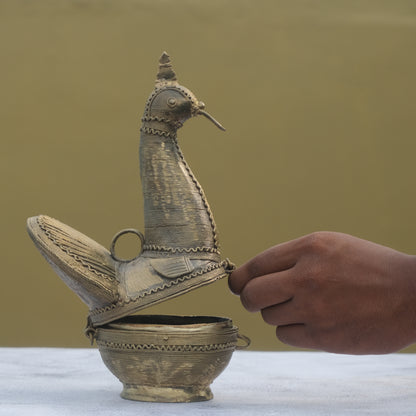 Nuagaon Dhokra Peacock Jewelry Box — Handcrafted Lost-Wax Brass Showpiece