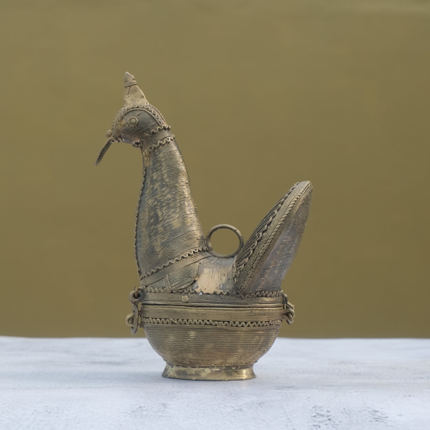 Nuagaon Dhokra Peacock Jewelry Box — Handcrafted Lost-Wax Brass Showpiece