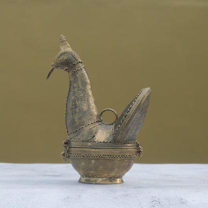 Nuagaon Dhokra Peacock Jewelry Box — Handcrafted Lost-Wax Brass Showpiece