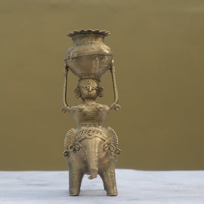 Nuagaon Dhokra Lady on Elephant Showpiece — Handcrafted Lost-Wax Brass Showpiece