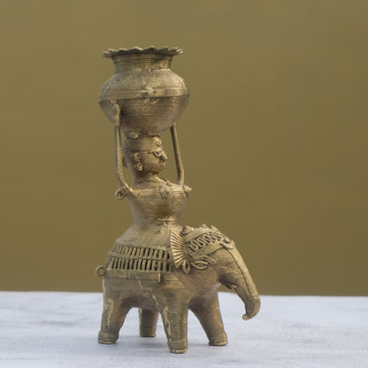 Nuagaon Dhokra Lady on Elephant Showpiece — Handcrafted Lost-Wax Brass Showpiece