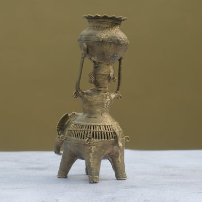 Nuagaon Dhokra Lady on Elephant Showpiece — Handcrafted Lost-Wax Brass Showpiece