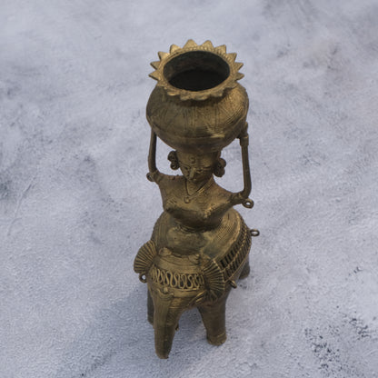 Nuagaon Dhokra Lady on Elephant Showpiece — Handcrafted Lost-Wax Brass Showpiece