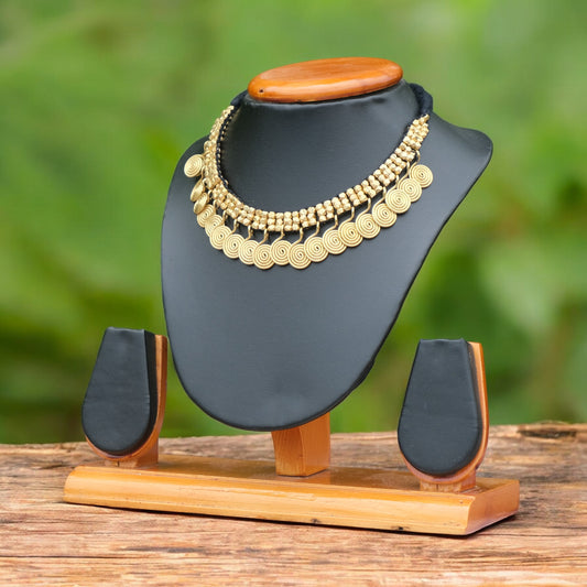 Handcrafted Golden Dhokra beaded necklace with a tribal design; ethically made by Odisha artisans using ancient lost-wax casting. A sustainable festive statement piece for handloom sarees by KalaKart.