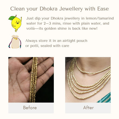 Instructions for cleaning Dhokra jewelry with lemon or tamarind water, showing before and after effects.