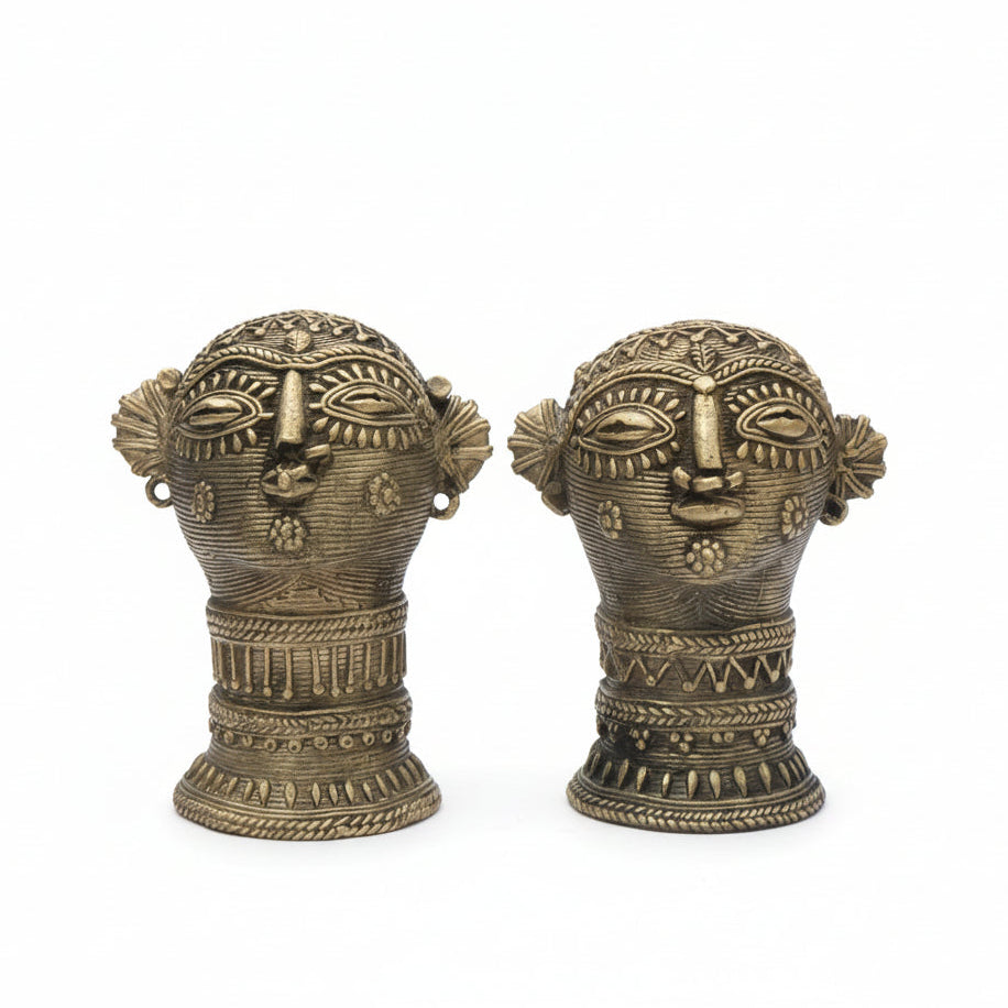 Handmade Dhokracraft dongaria couple statue. brass head , tribal style