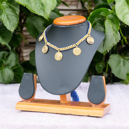 Handcrafted Dhokra golden beaded necklace featuring a circular dhokra design; ethically made by Odisha artisans using ancient lost-wax casting. A sustainable everyday statement piece for white linen shirts or tunics by KalaKart