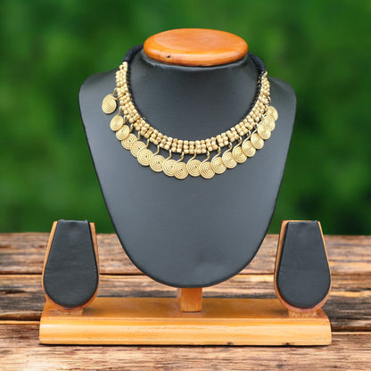 Handcrafted Golden Dhokra beaded necklace with a tribal design; ethically made by Odisha artisans using ancient lost-wax casting. A sustainable festive statement piece for handloom sarees by KalaKart.