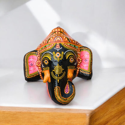 Lord Ganesha Pattachitra Mask – Handmade Paper Mache Wall Hanging, 6 Inch Black 