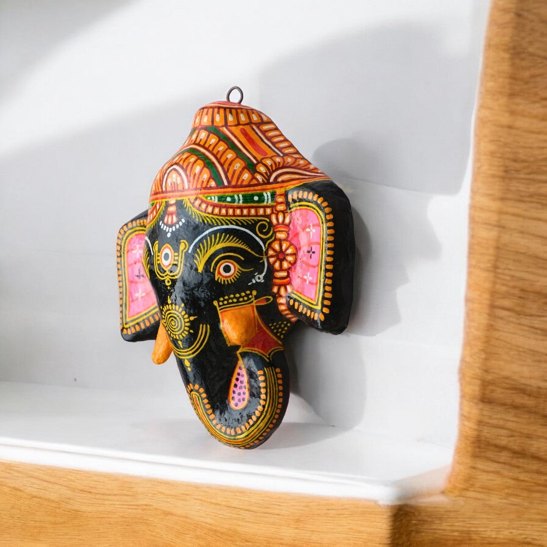 Lord Ganesha Pattachitra Mask – Handmade Paper Mache Wall Hanging, 6 Inch Black 