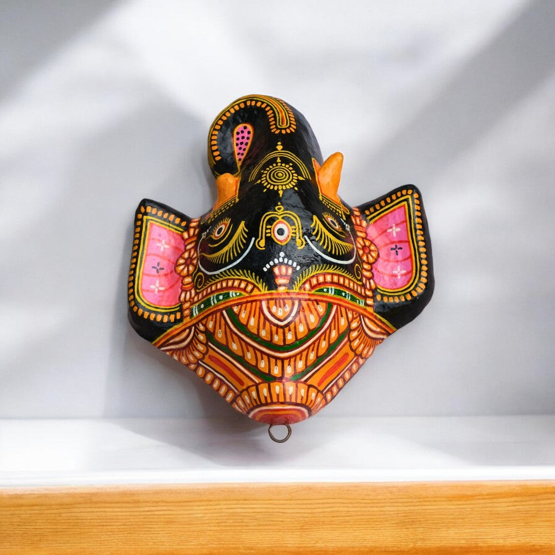 Lord Ganesha Pattachitra Mask – Handmade Paper Mache Wall Hanging, 6 Inch Black 