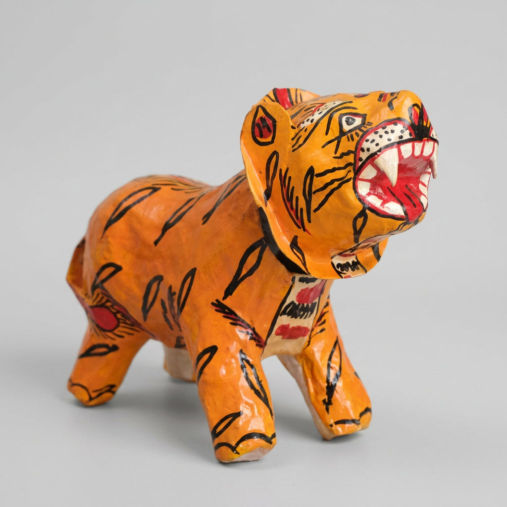 Orange bobblehead tiger Pattachitra paper mache showpiece 7 inch – KalaKart