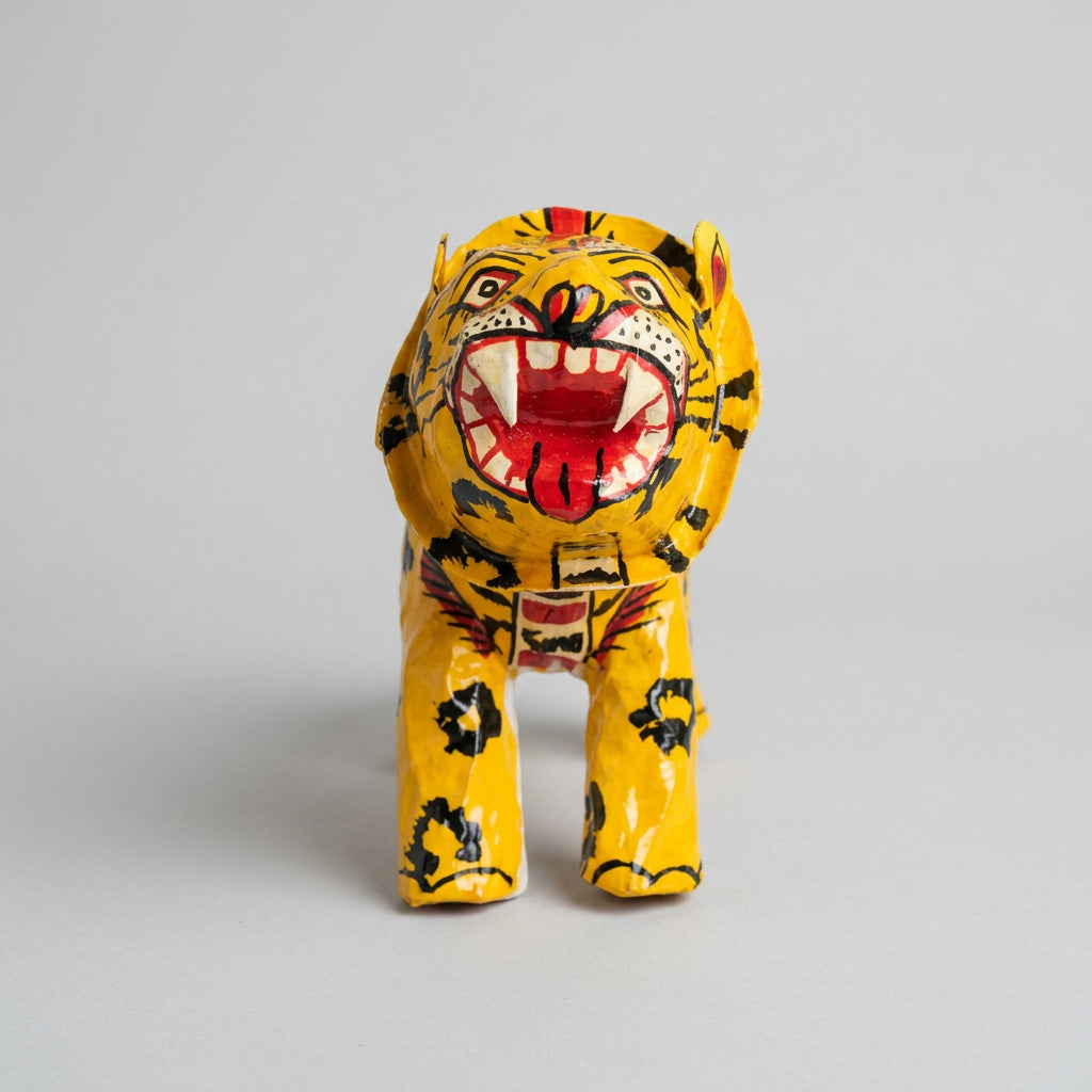 Orange bobblehead tiger Pattachitra papier mache showpiece 7 inch 